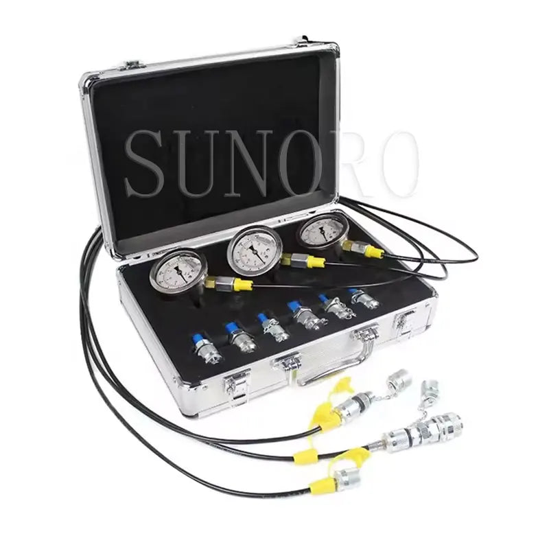 Excavator Diagnostic Tool Hydraulic Pressure Test Kit 3 Gauges 11 Couplings 3 Test Hoses Silver Aluminum Case