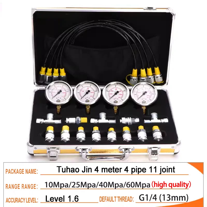 Excavator Diagnostic Tools Hydraulic Pressure Test Kit 4 Gauges Stainless Steel Case Excavator Hydraulic Pressure Gauge Set